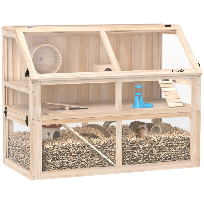 PawHut Hamsterkäfig aus Holz 3 Etagen Nagerkäfig Kleintierkäfig mit Wippe Laufrad Hütte 95 x 53 x 76 cm Naturholz