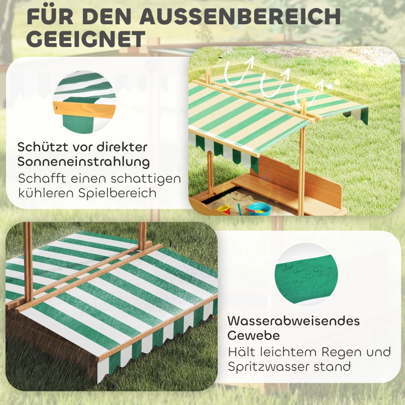 Outsunny Sandkasten 106x106 cm Kinder Sandbox aus Holz mit höhenverstellbar Abdeckung Sitzbänken Rücklehnen Hellbraun