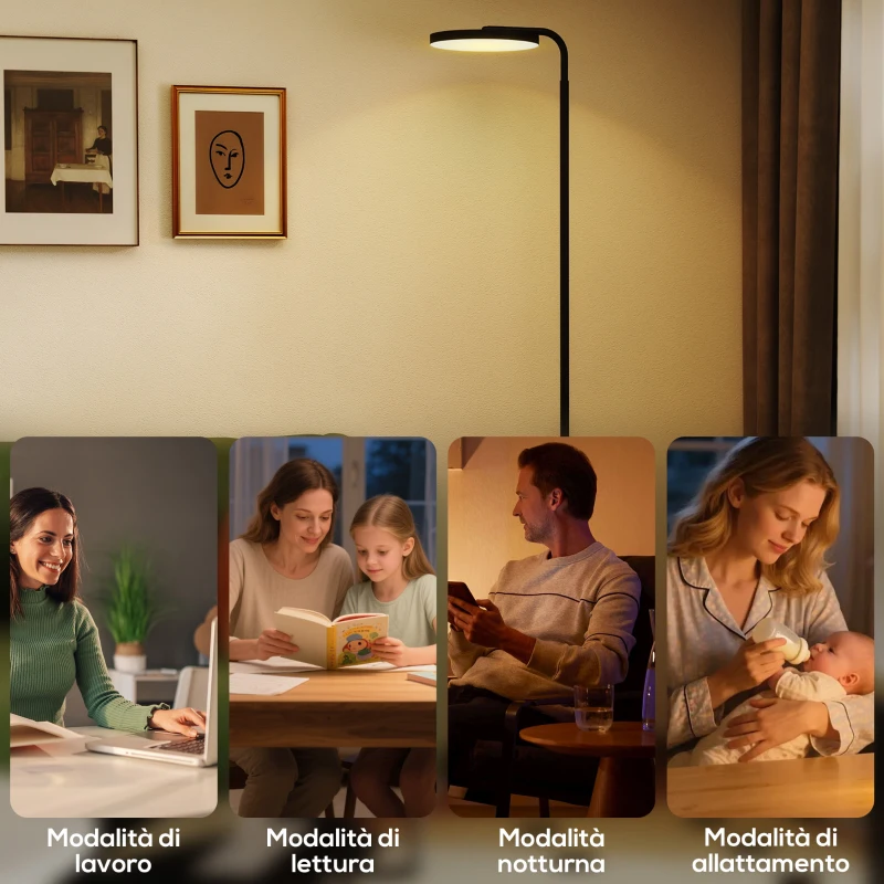 HOMCOM Lampada da Terra LED con Testa Girevole a 350° e Telecomando Magnetico, Regolazione Continua 3000K-6500K, Nero