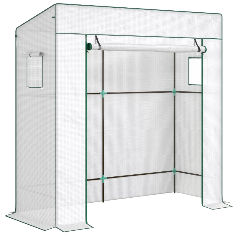 Outsunny Serre de jardin murale adossée avec 1 porte enroulable, bâche PE renforcée, 2 fenêtres, dim. 196L x 77l x 197/178H cm