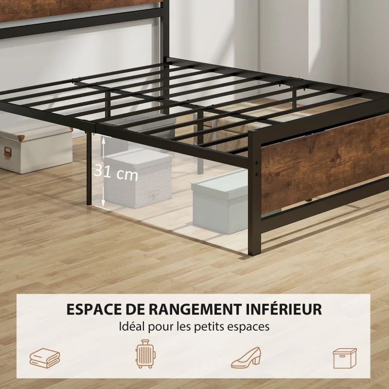 HOMCOM Cadre de lit double en acier avec sommier et tête de lit compatible matelas 190 x 140 cm brun rustique