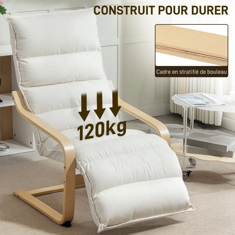 HOMCOM Fauteuil salon, fauteuil d'appoint rembourré en velours, repose-pieds réglable et structure en acier, 67x93x105cm, crème