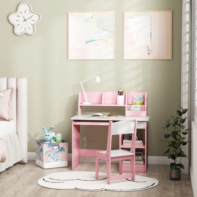 ZONEKIZ Bureau enfant avec chaise ergonomique avec clavier coulissant tiroir niches et étagères ouvertes 90 x 45 x 90 cm rose