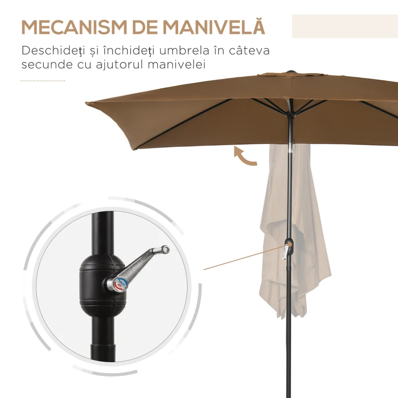 Outsunny Umbrelă de grădină 2x3 m dreptunghiulară cu manivelă și unghi reglabil, culoare cafea