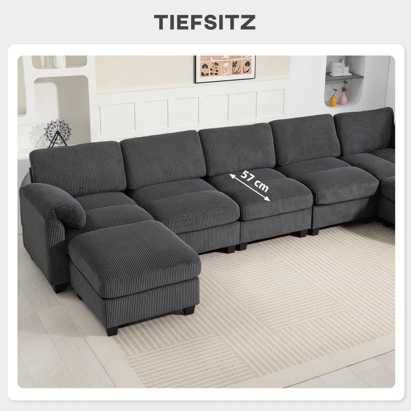 HOMCOM Ecksofa U-Form Sofa Couch mit Federpolsterung gepolsterte Armlehnen beweglicher Ottomane Cord 292x224x85 cm Dunkelgrau