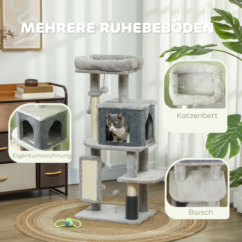 PawHut Kratzbaum 104 cm Katzenbaum mit Katzenhöhle Bett Sisal-Kratzsäulen Kratzbrett Plüschbälle für Katzen bis 5 kg Hellgrau
