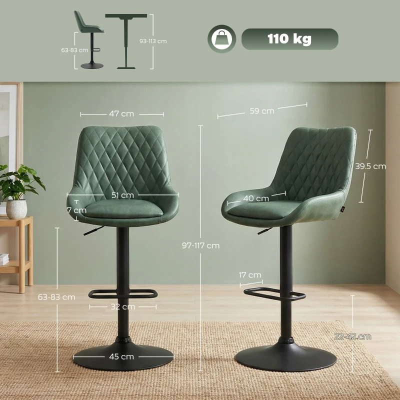 HOMCOM Retro Bar Stools Set of 2, Adjustable Kitchen Stool, Upholstered Bar Chairs with Back, Swivel Seat, Green
