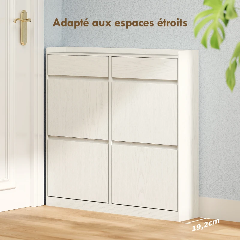 HOMCOM Meuble à chaussures 8 paires avec 2 tiroirs coulissants et 4 tiroirs rabattables, 98 x 19,2 x 95,3 cm, blanc