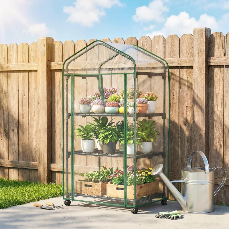 Outsunny Mini serre de jardin avec 3 étagères, bâche PVC haute densité, porte enroulable 4 roulettes 69 x 49 x 130 cm transparent