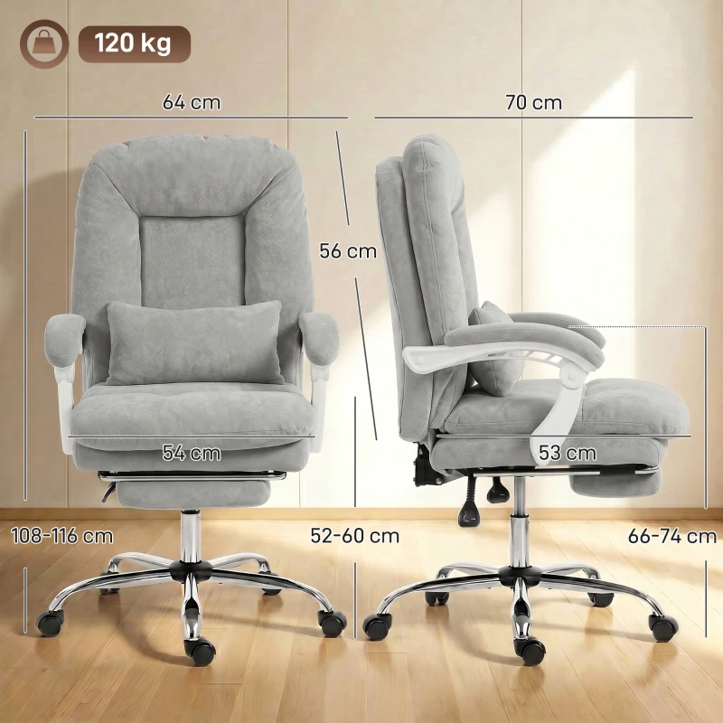 Homcom Silla de Oficina Ergonómica, Sillón Reclinable en Terciopelo con Soporte Lumbar, Altura Ajustable, Gris Claro