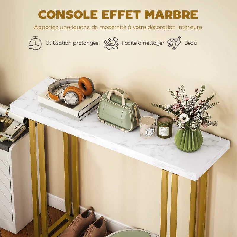 HOMCOM Table console, table d'entrée, avec plateau imitation marbre, structure en acier, 100 x 30 x 78,5 cm, blanc et or