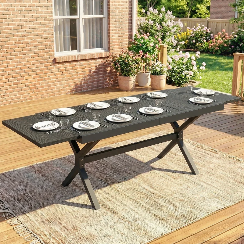 Outsunny Table de Jardin Extensible Aluminium Table de Repas Extérieure Effet Bois 8-10 Personnes 214x85x73cm Gris Anthracite