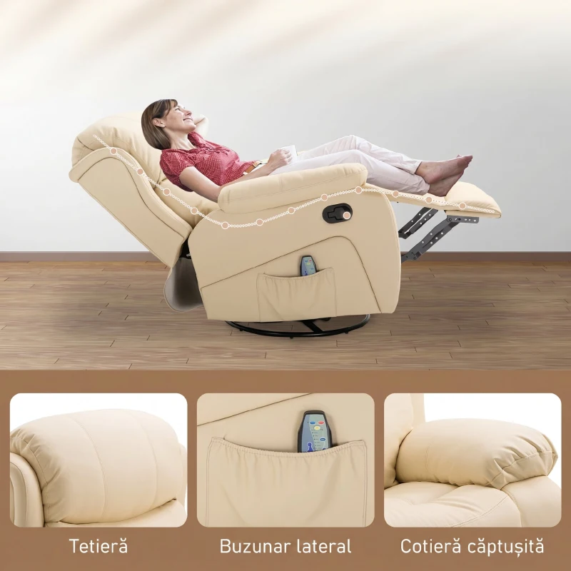 HOMCOM Fotoliu de Ralaxare cu 8 puncte de masaj și Încălzire, Fotoliu Reclinabil cu Suport pentru Picioare, 97x92x104 cm, Bej
