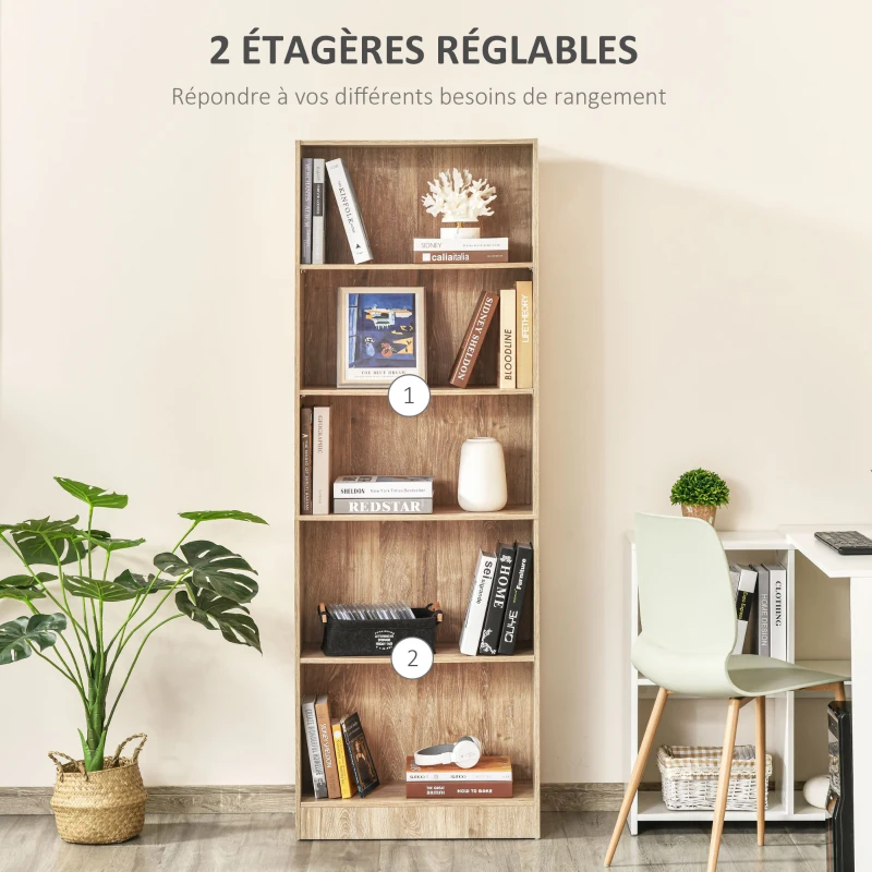 HOMCOM Bibliothèque, étagère de rangement à 5 niveaux avec étagères réglables, 63 x 29,2 x 176 cm, bois naturel