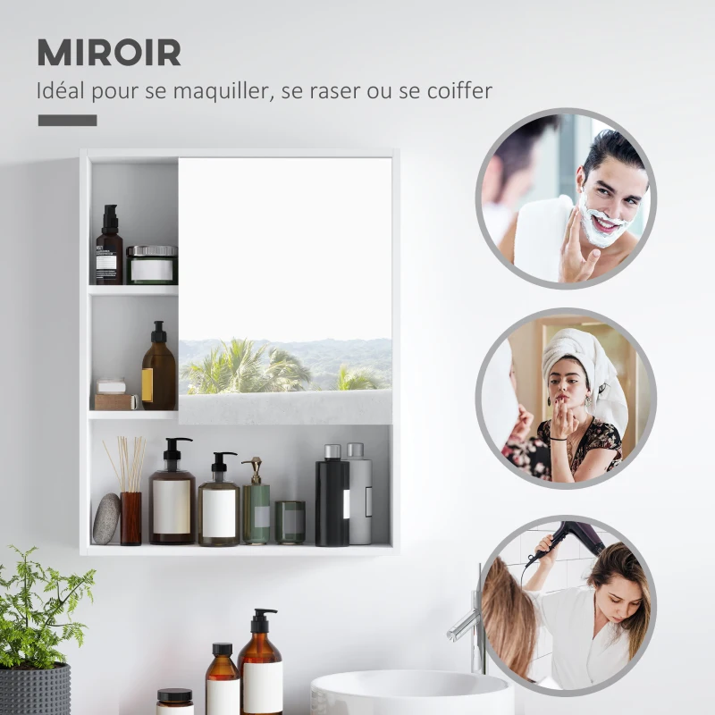 kleankin Armoire murale salle de bain avec miroir, meuble salle de bain, 5 compartiments et étagère réglable, 60x15x76cm, blanc