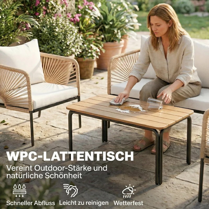 Outsunny Gartenmöbel Set Sitzgruppe für 4 Personen Gartenlounge mit 2er Sofa 2 Sessel Lamell-Tisch Seilflecht waschbar Sitzkissen