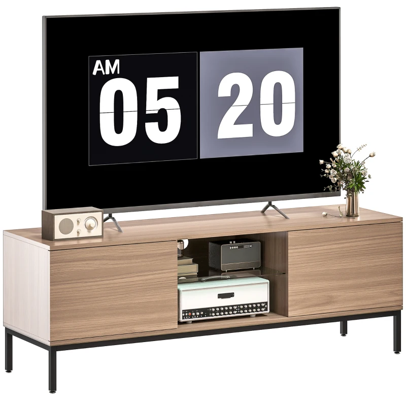 HOMCOM Meuble TV meuble télé pour téléviseur jusqu'à 60 pouces avec 2 portes et étagère en verre réglable 140x40x49,5cm gris