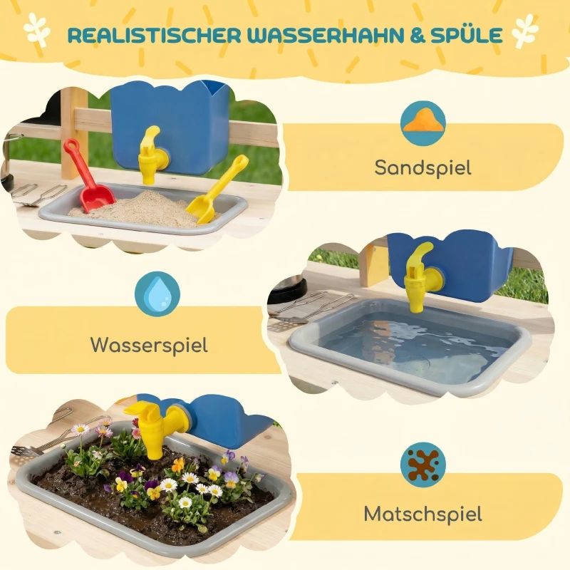 AIYAPLAY Matschküche Kinder Outdoor, Spielküche aus Holz mit echtem Wasserhahn, Spüle, Herd, Ablagefach, Wassertank, Naturholz