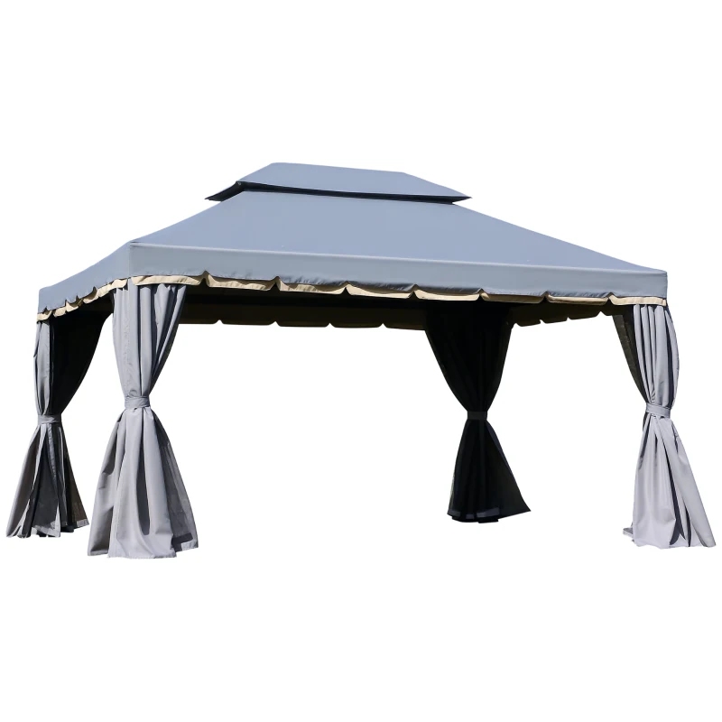 Outsunny Pérgola de Jardim 4x3m Pérgola de Alumínio com Teto de Ventilação 4 Cortinas Laterais Tela Mosquiteira  e 8 Orifícios de Drenagem para Exterior Pátio Festas Cinza