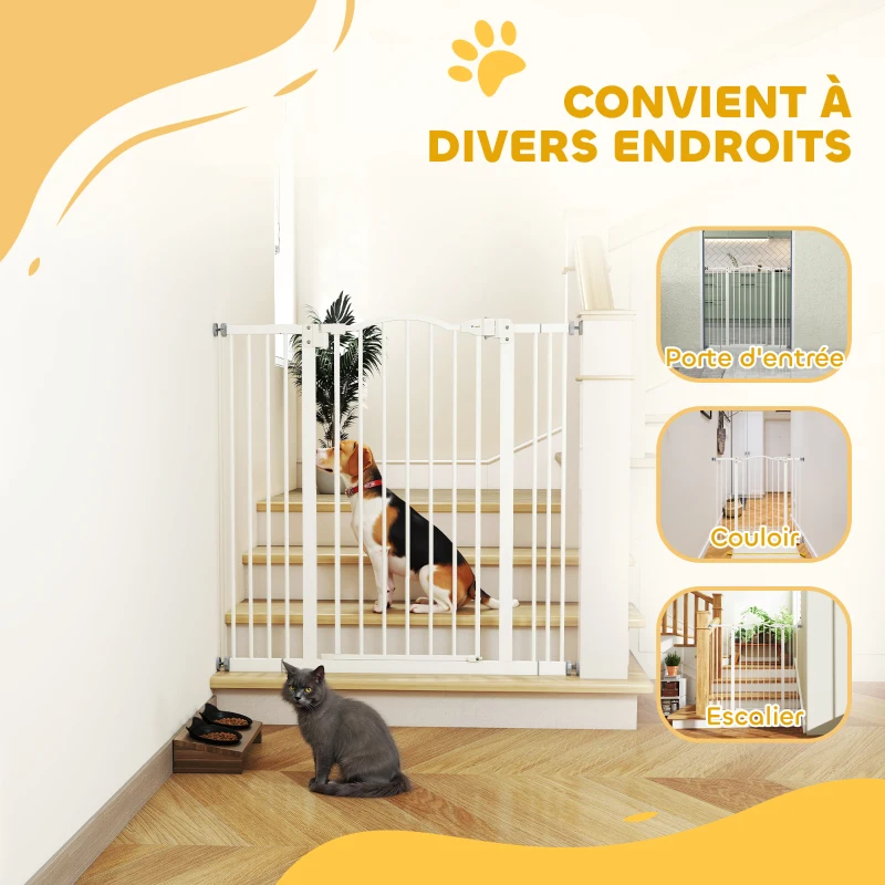 PawHut Barrière de sécurité pour chien extensible 74-100 cm fermeture automatique fixation par pression sans percer blanc
