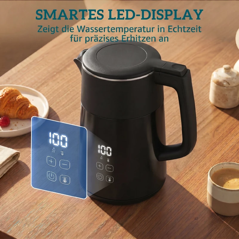 HOMCOM Elektrischer Wasserkocher, 1,7L, Schnellkochend, 2200W, mit LED-Display, Warmhaltefunktion, Trockenkochschutz, PTFE-frei