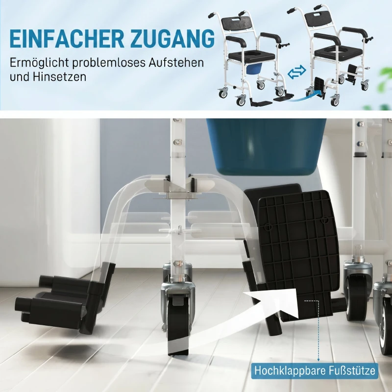 HOMCOM Scaun cu rotile cu WC impermeabil 4 în 1 cu suporturi pentru picioare rabatabile, din aluminiu și plastic, negru