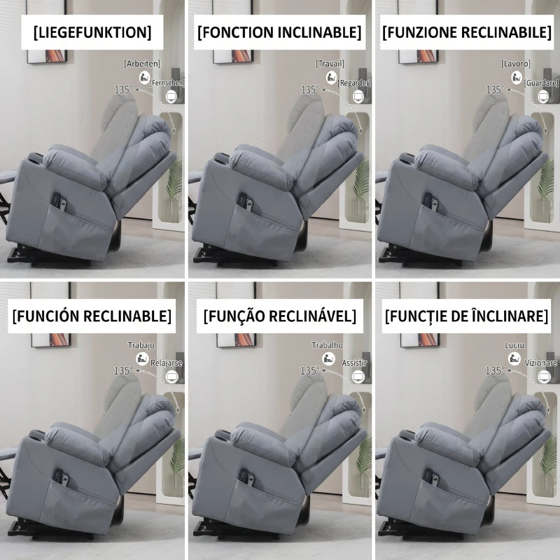 HOMCOM Fotoliu cu Funcție de Ridicare, Reclinabil până la 135°, 8 Puncte de Masaj, Telecomandă și Suport pentru Picioare, 88x99x106 cm, Gri