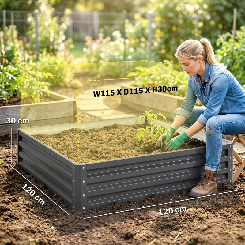 Outsunny Carré potager de jardin potager surélevé, acier galvanisé, résistant à la rouille 120x120x30cm, gris clair