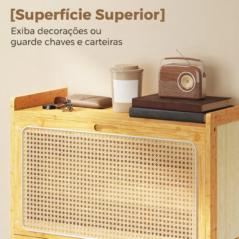 HOMCOM Sapateira com 2 Compartimentos Basculantes Sapateira Estilo Bohemio Estreita com Prateleiras Ajustáveis para 12-14 Pares de Sapatos 69x29x83 cm Madeira