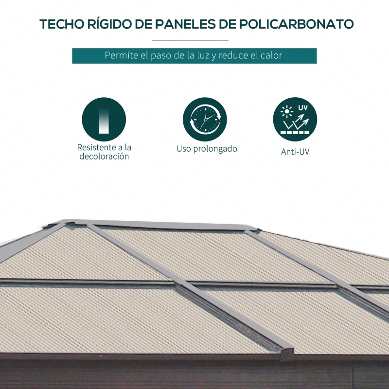 Outsunny Cenador para Jardín 3x3,6 m con Marco de Alumnio Pabellón para Exterior con Techo de Policarbonato Anti-UV Gazebo para Fiestas Eventos Beige
