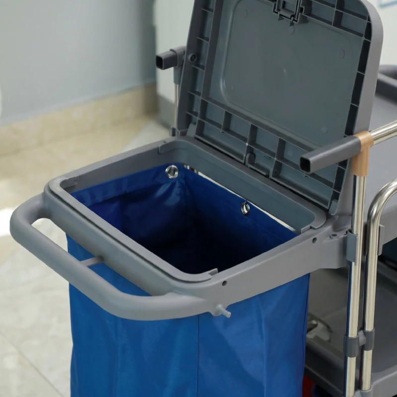 HOMCOM Căruț de curățenie cu 3 rafturi, sac pentru gunoi și storcător, 111x63.3x103 cm, gri-albastru și portocaliu