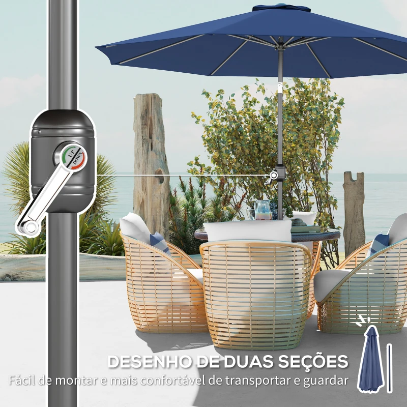 Outsunny Chapéu de Sol de Jardim Ø295x250 cm com Manivela Mecanismo de Inclinação e Mastro Desmontável de Metal para Terraço Azul