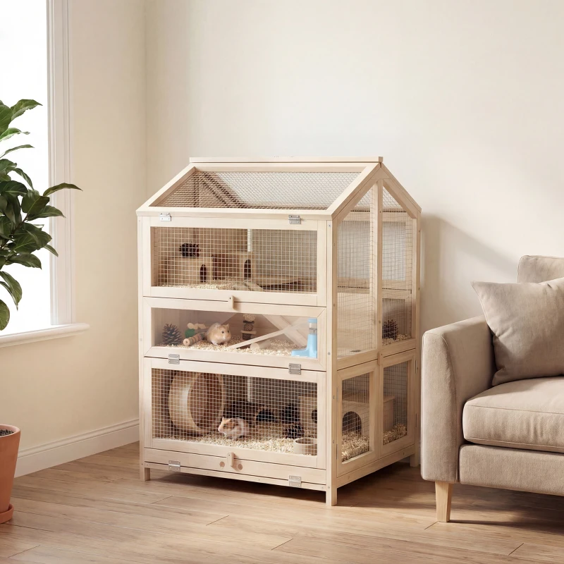 PawHut Hamsterkäfig aus Holz 3 Etagen Nagerkäfig Kleintierkäfig mit Hütten Wippen Rampen Wasserschalen 68 x 61,5 x 90 cm Naturholz