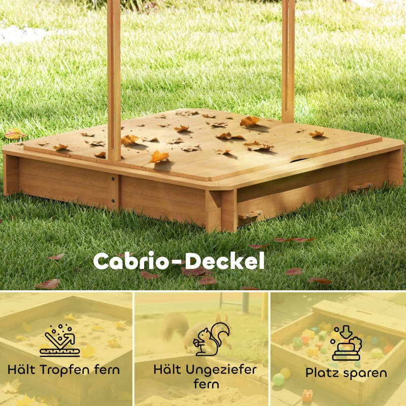 Outsunny Sandkasten 106x106 cm Kinder Sandbox aus Holz mit höhenverstellbar Abdeckung Sitzbänken Rücklehnen Hellbraun