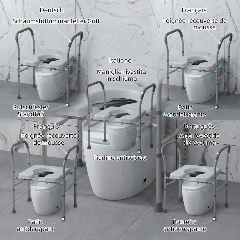 HOMCOM Scaun comod WC pentru vârstnici și persoane cu dizabilități 4 în 1 reglabil pe înălțime, cu brațe capitonate, gri