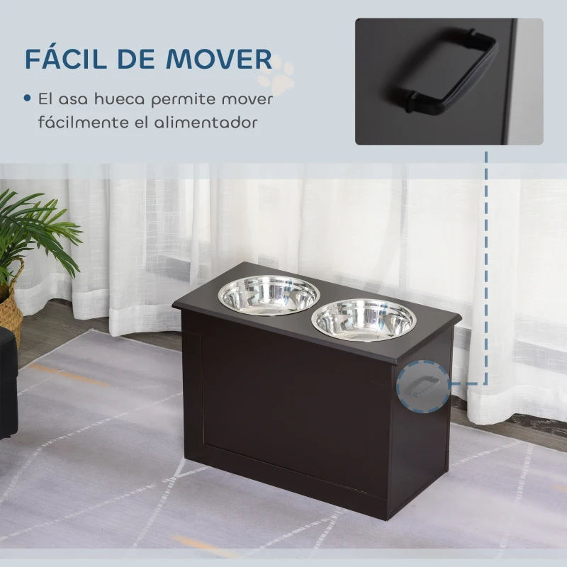 PawHut Comedero Elevado para Perros Grandes con 2 Cuencos de 2000ml y Almacenamiento Oculto 60x30x41 cm Marrón Oscuro