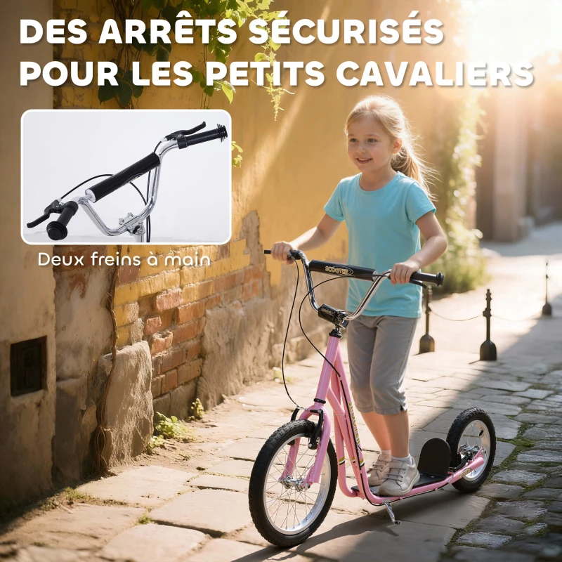 HOMCOM Trottinette patinette Enfant à partir de 5 Ans Grands pneus Guidon réglable poignées Freins et béquille Acier Rose