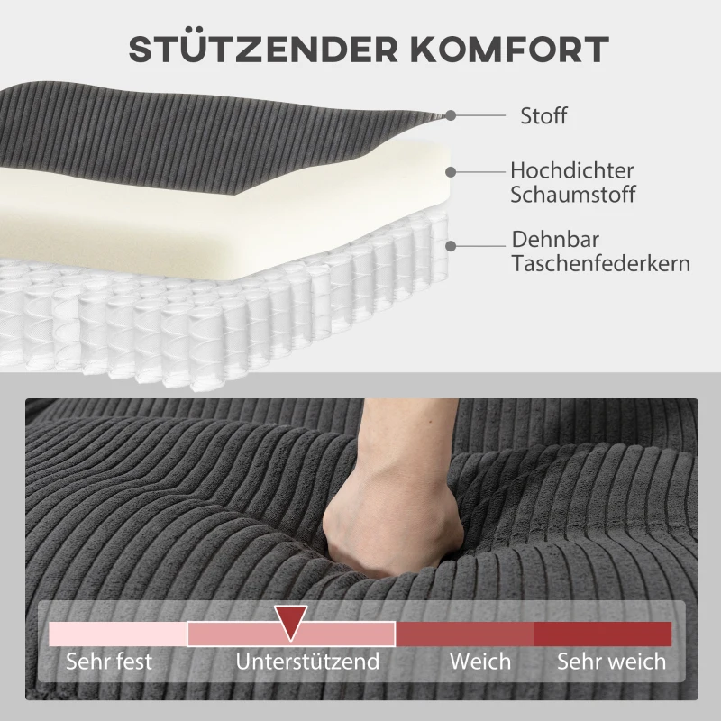 HOMCOM Ecksofa U-Form Sofa Couch mit Federpolsterung gepolsterte Armlehnen beweglicher Ottomane Cord 292x224x85 cm Dunkelgrau