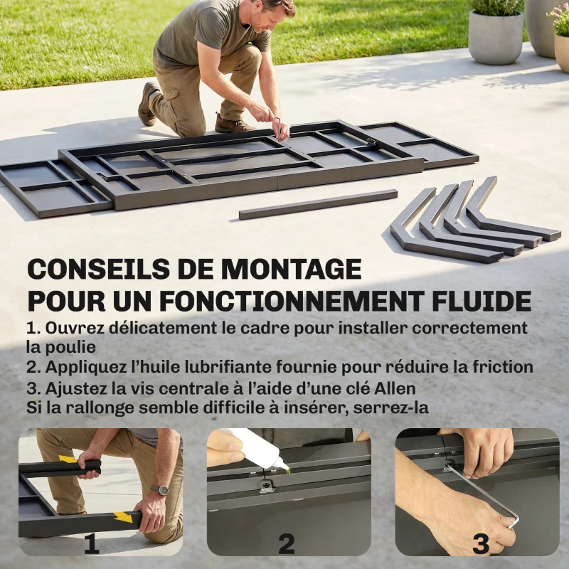 Outsunny Table de Jardin Extensible Aluminium Table de Repas Extérieure Effet Bois 8-10 Personnes 214x85x73cm Gris Anthracite