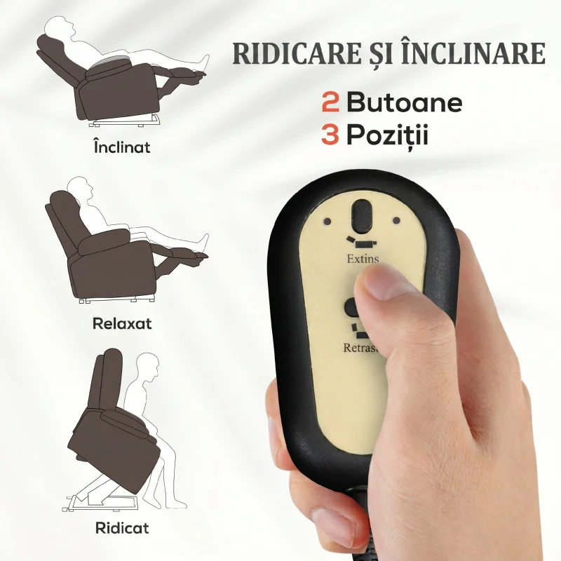 HOMCOM Fotoliu Relax Reclinabil cu Funcție de Ridicare la 155°, 8 Puncte de Masaj și Încălzire, Maro