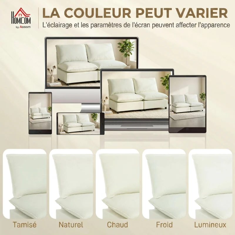 HOMCOM Canapé 2 places modulable, canapé de salon moderne 146 cm sans accoudoirs avec assise large, coussins épais, crème