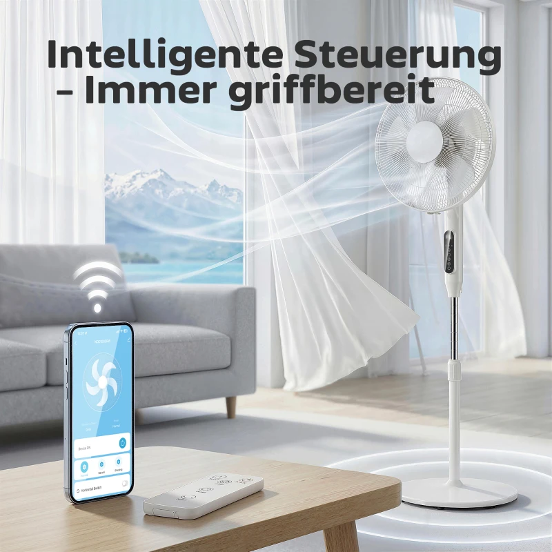 HOMCOM Standventilator mit 15-Stunden-Timer, 85° Oszillation, LED-Bedienfeld, Fernbedienung, weiß
