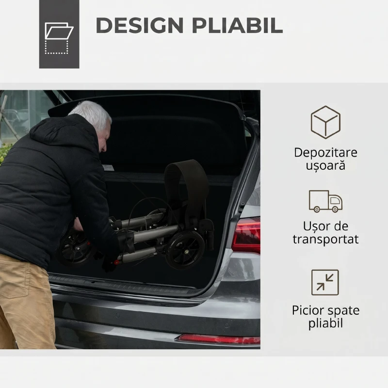 HOMCOM Cadru de mers pliabil din aluminiu, reglabil pe înălțime, cu geantă, 64x67x80-92 cm, negru și argintiu