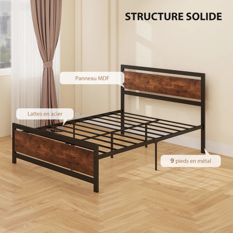 HOMCOM Cadre de lit double en acier avec sommier et tête de lit compatible matelas 190 x 140 cm brun rustique