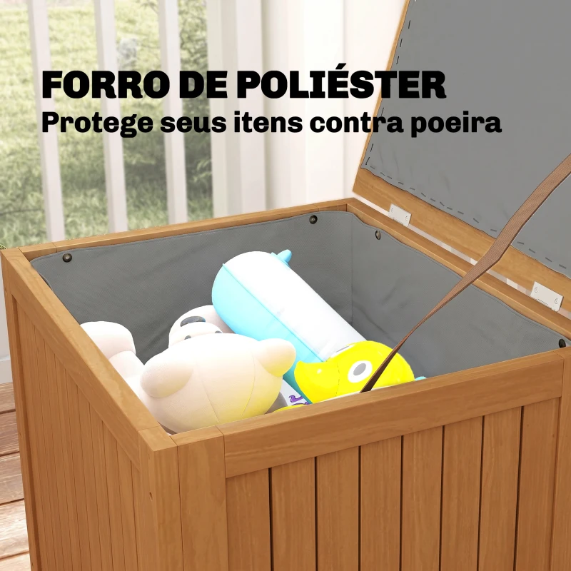 Outsunny Baú de Exterior em Madeira 130L Arca de Armazenamento com Forro Tampa Articulada e Correia 63x51x58,5 cm Castanho
