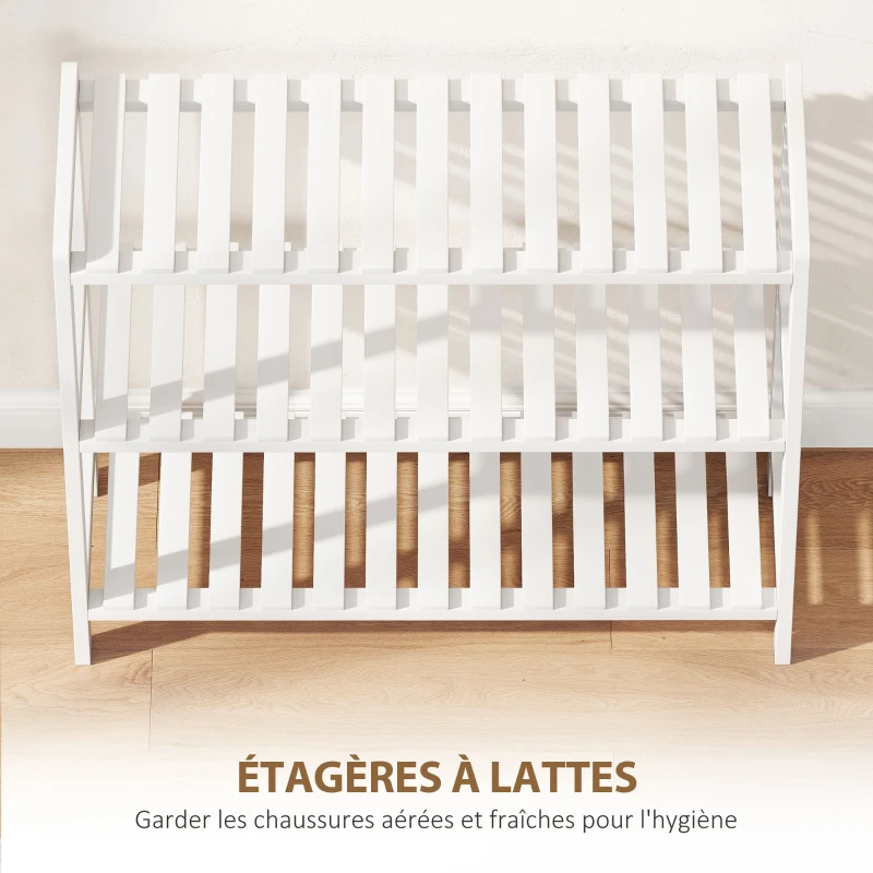 HOMCOM Étagère à chaussures, porte-chaussures 3 niveaux, étagères à lattes, en bois de pin， 70 x 26 x 57,5 cm, blanc