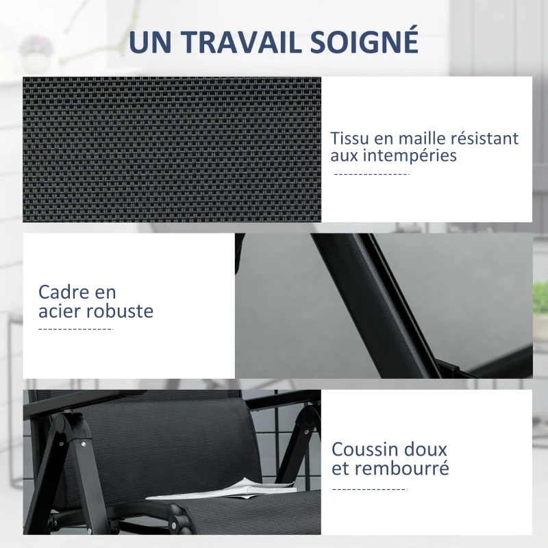 Outsunny Chaise longue pliable, transat bain de soleil inclinable avec dossier réglable sur 9 positions, coussin lombaire, noir