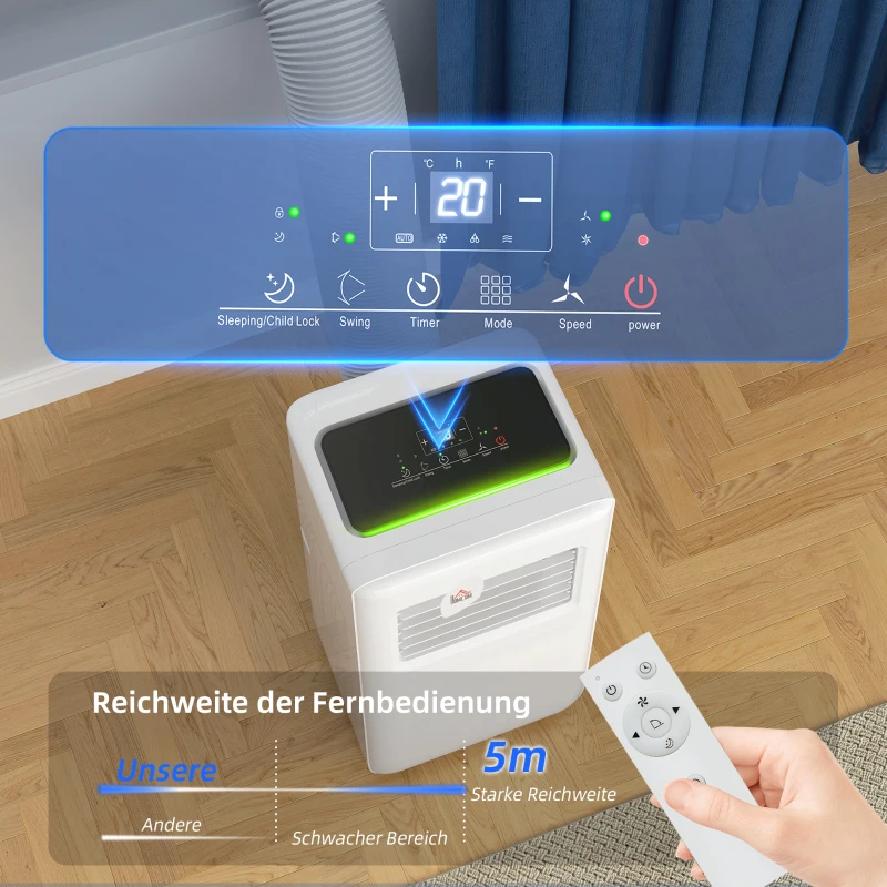 HOMCOM Mobile Klimaanlage, verschiedene Einstellungen, LED-Display, Timer, Räder, Weiß