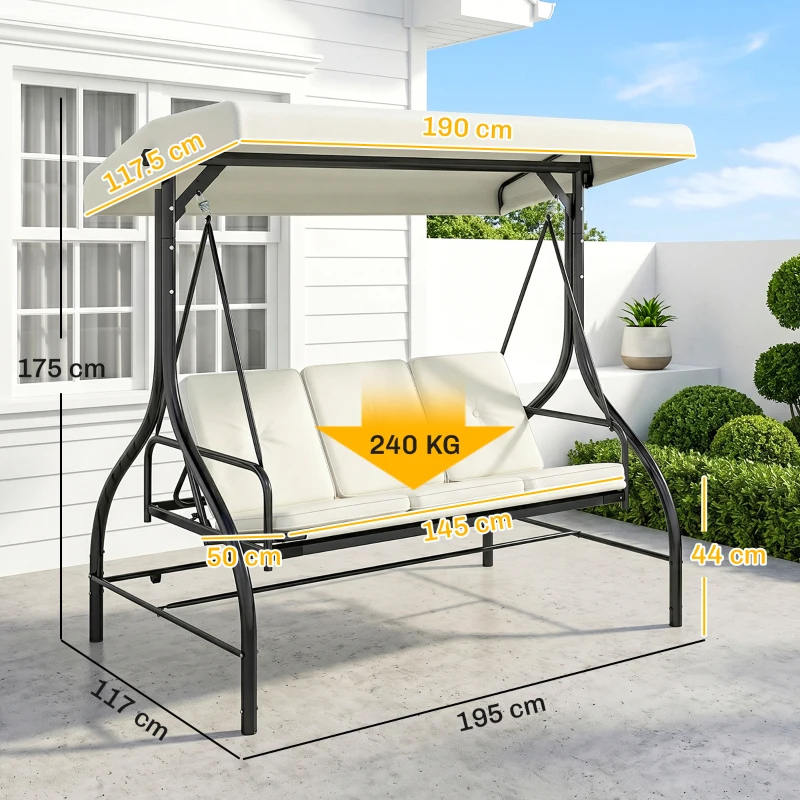 Outsunny Dondolo Letto da Giardino 3 Posti con Tettuccio Regolabile, in Acciaio e Poliestere, 195x117x175 cm, Crema e Nero