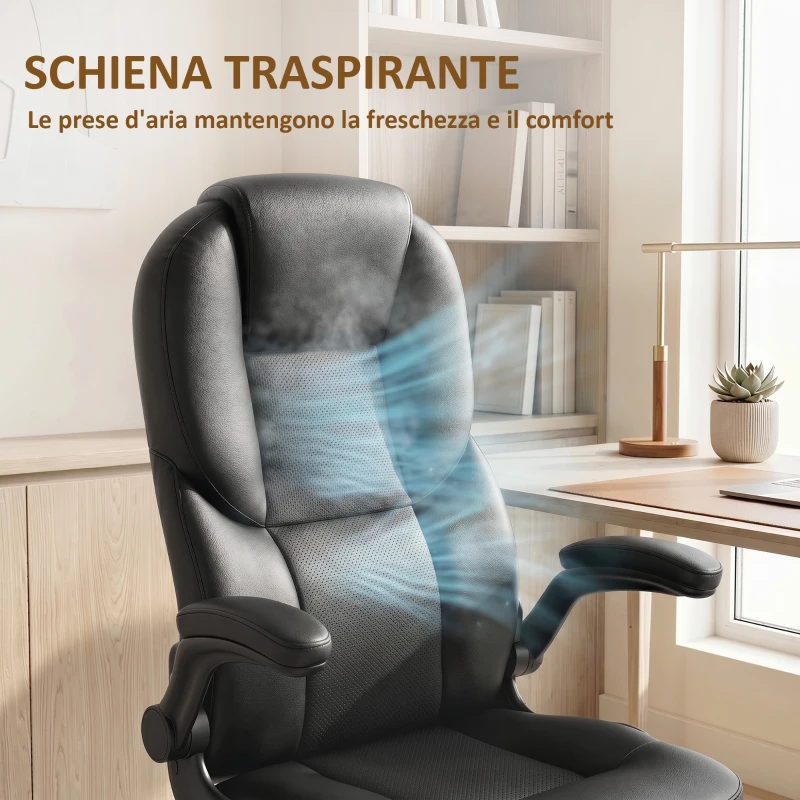HOMCOM Sedia da Ufficio con Braccioli Ribaltabili, Dondolo, Schienale Alto e Altezza Regolabile, Nero